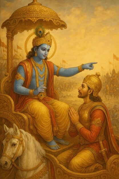 Lord Krishna is guiding King Arjuna during the Mahabharata.